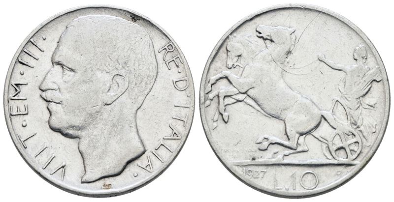 Vittorio Emanuele III, Moneta da 10 lire 1927 'Biga', argento, 10g