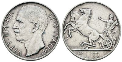 Vittorio Emanuele III, Moneta da 10 Lire, 1927 'Biga', Argento