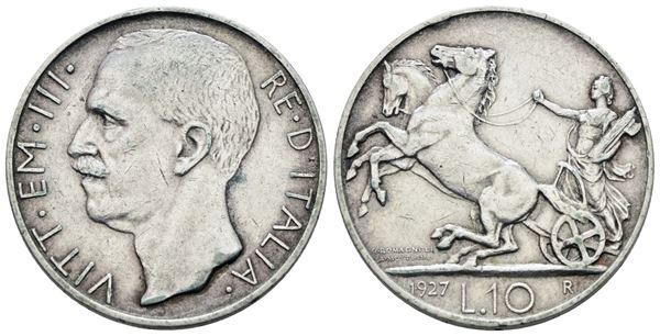 REGNO D'ITALIA. Vittorio Emanuele III (1900-1943). 10 lire 1927 "Biga"**. Ag; 10gr; Gig.56a; BB