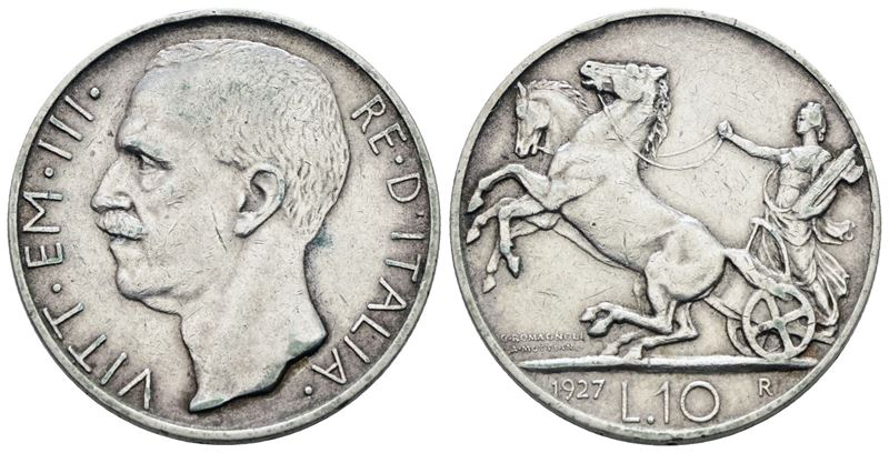 Vittorio Emanuele III, Moneta da 10 Lire, 1927 'Biga', Argento