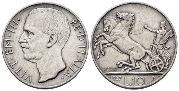 REGNO D'ITALIA. Vittorio Emanuele III (1900-1943). 10 lire 1927 "Biga"**. Ag; 10gr; Gig.56a; BB