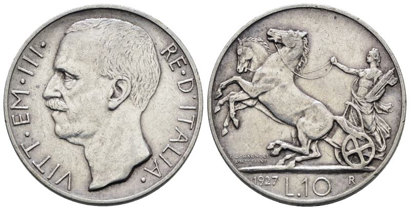 Regno D'italia. Vittorio Emanuele III (1900-1943). 10 Lire 1927 "biga"**. Ag; 10gr; Gig.56a; Bb