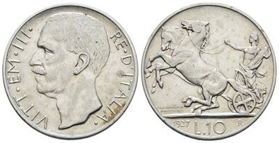 Vittorio Emanuele III, 10 lire 1927 'Biga', Ag, 10gr