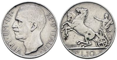 Vittorio Emanuele III, Moneta da 10 lire del 1928 'Biga'