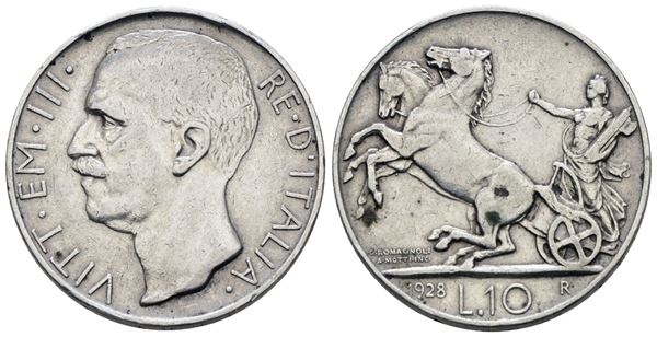 REGNO D'ITALIA. Vittorio Emanuele III (1900-1943). 10 lire 1928 "Biga"*. Ag; 10gr; Gig.57; NC; BB