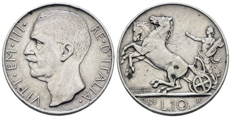 Vittorio Emanuele III, Moneta da 10 lire del 1928 'Biga'