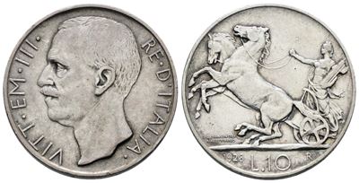 Vittorio Emanuele III, Moneta da 10 lire del 1928 "Biga", Argento, 10g