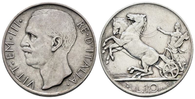 Regno D'italia. Vittorio Emanuele III (1900-1943). 10 Lire 1928 "biga"*. Ag; 10gr; Gig.57; Nc; Bb
