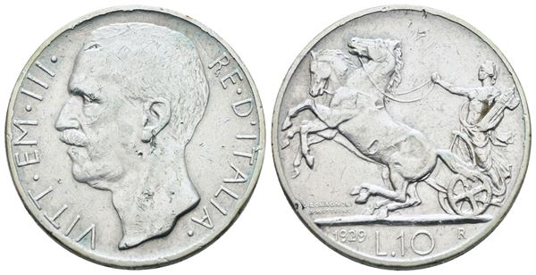 REGNO D'ITALIA. Vittorio Emanuele III (1900-1943). 10 lire 1929 "Biga"**. Ag; 10gr; Gig.58a; NC; Q.BB