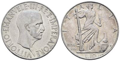 Vittorio Emanuele III, 10 Lire 1936 'Impero', Ag 10g, Gig. 64
