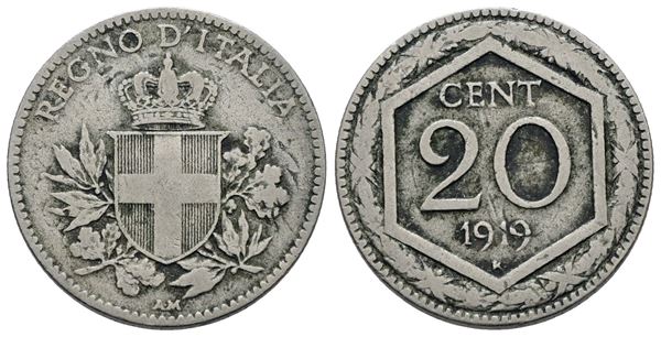 REGNO D'ITALIA. Vittorio Emanuele III (1900-1943). 20 centesimi 1919 "Esagono". Ni; 4gr; Gig.215; Raro; BB