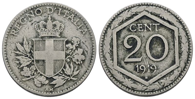 Vittorio Emanuele III, 20 centesimi 1919 "Esagono"