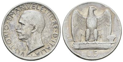 Vittorio Emanuele III, Moneta da 5 lire 1926 "Aquilotto", Ag, 5gr