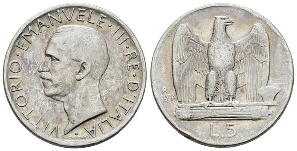 REGNO D'ITALIA. Vittorio Emanuele III (1900-1943). 5 lire 1926 "Aquilotto". Ag; 5gr; Gig.73; Raro; Q.BB