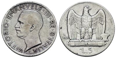 Vittorio Emanuele III, Moneta da 5 lire 1926 'Aquilotto', argento