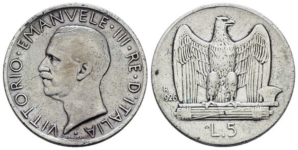 REGNO D'ITALIA. Vittorio Emanuele III (1900-1943). 5 lire 1926 "Aquilotto". Ag; 5gr; Gig.73; Raro; MB/BB