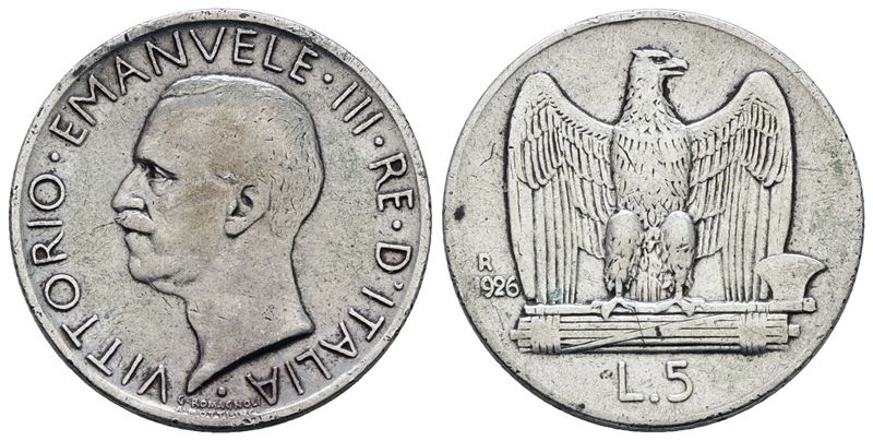 Vittorio Emanuele III, Moneta da 5 lire 1926 'Aquilotto', argento