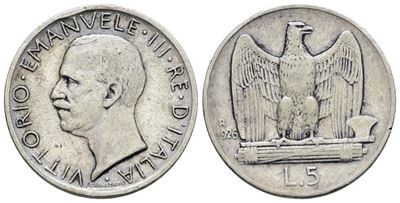 Vittorio Emanuele III, Moneta da 5 Lire 1926 'Aquilotto', Argento