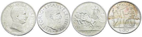 REGNO D'ITALIA. Vittorio Emanuele III (1900-1943). Lotto di 2 falsi da studio: 5 lire 1914; 20 lire 1928 Littore. Cu