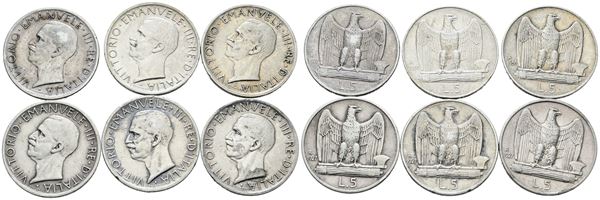 REGNO D'ITALIA. Vittorio Emanuele III (1900-1943). Lotto di 6 monete da 5 lire "Aquilotto". Ag; Date e conservazioni varie.
