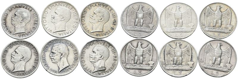 Regno d'Italia, Vittorio Emanuele III, Lotto di 6 monete da 5 lire "Aquilotto", Argento, Diversi ...