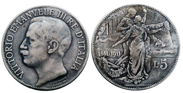 REGNO D'ITALIA. Vittorio Emanuele III (1900-1943). 5 lire 1911 "Cinquantenario". Ag; 25gr; Gig. 71; Raro; MB+
