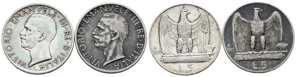 REGNO D'ITALIA. Vittorio Emanuele III (1900-1943). Lotto di 2 monete da 5 lire 1929 "Aquilotto". Ag; Conservazioni varie