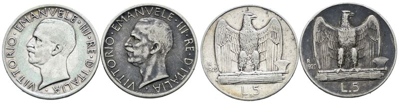 Vittorio Emanuele III, Lotto di 2 monete da 5 lire 1929 "Aquilotto", Ag