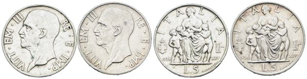 REGNO D'ITALIA. Vittorio Emanuele III (1900-1943). Lotto di 2 monete da 5 lire 1936 "Famiglia". Ag; Gig. 83; Conservazioni varie