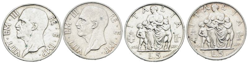 Vittorio Emanuele III, Lotto di 2 monete da 5 lire 1936 'Famiglia', Argento