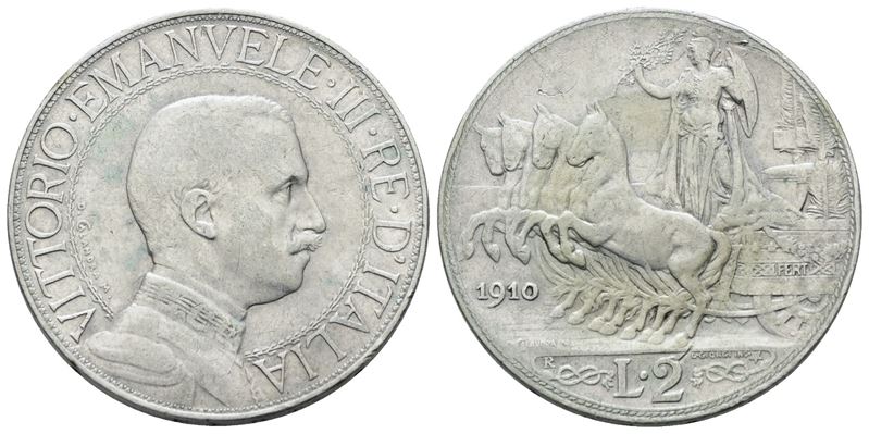 Vittorio Emanuele III, 2 lire 1910 'Quadriga veloce', Argento, 10 gr