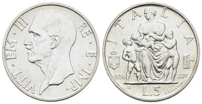 Vittorio Emanuele III, 5 lire 1936 "Famiglia", Argento, 5 gr, SPL/FDC