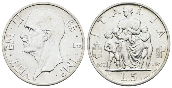 REGNO D'ITALIA. Vittorio Emanuele III (1900-1943). 5 lire 1936 "Famiglia". Ag; 5gr; Gig. 83; SPL/FDC