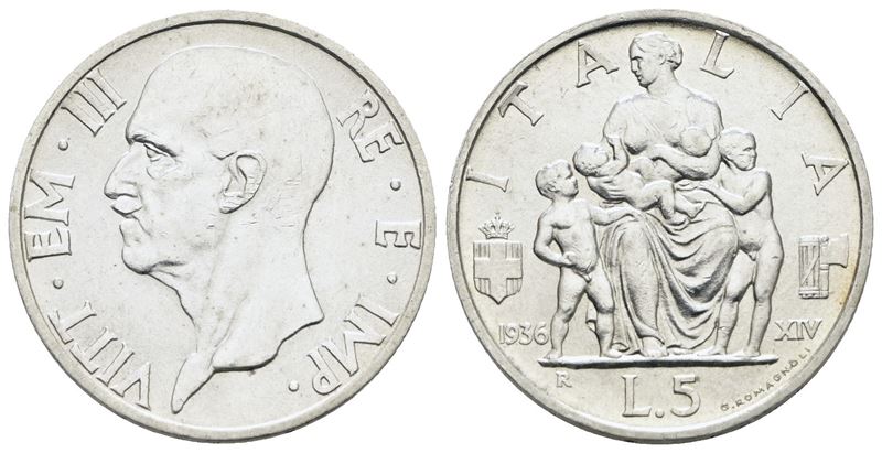 Vittorio Emanuele III, 5 lire 1936 "Famiglia", Argento, 5 gr, SPL/FDC