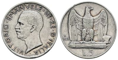Vittorio Emanuele III, 5 lire 1928 'Aquilotto' in Argento