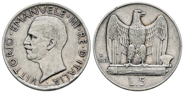 REGNO D'ITALIA. Vittorio Emanuele III (1900-1943). 5 lire 1928 "Aquilotto"**. Ag; 5gr; Gig. 75a; Raro; BB