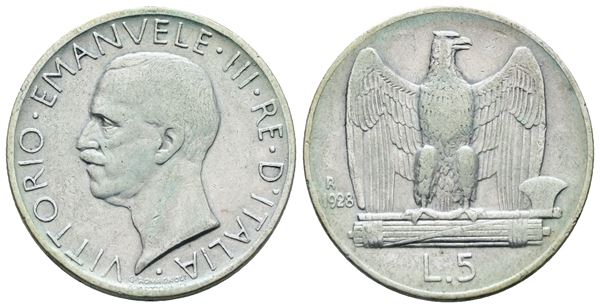 REGNO D'ITALIA. Vittorio Emanuele III (1900-1943). 5 lire 1928 "Aquilotto"**. Ag; 5gr; Gig. 75a; Raro. BB
