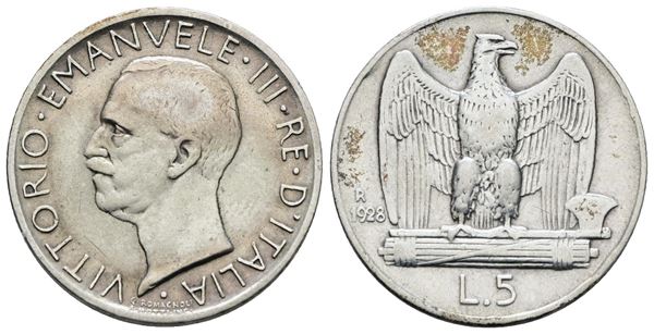 REGNO D'ITALIA. Vittorio Emanuele III (1900-1943). 5 lire 1928 "Aquilotto"**. Ag; 5gr; Gig. 75a; Raro; BB