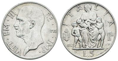 Vittorio Emanuele III, 5 lire 1937 'Famiglia', Ag