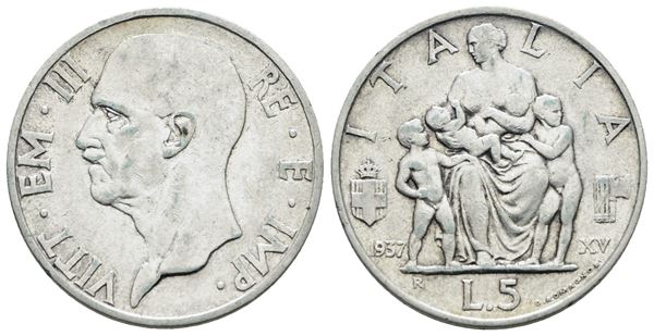 REGNO D'ITALIA. Vittorio Emanuele III (1900-1943). 5 lire 1937 "Famiglia". Ag; 5gr; Gig. 84; Raro; BB