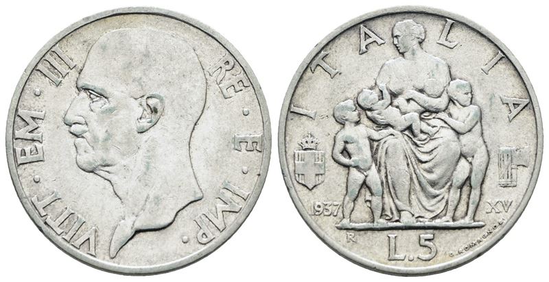Vittorio Emanuele III, 5 lire 1937 'Famiglia', Ag