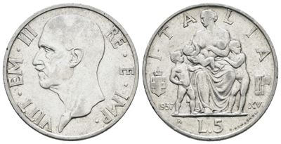 Vittorio Emanuele III, Moneta da 5 lire 1937 'Famiglia', Argento, 5 gr