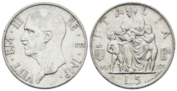 REGNO D'ITALIA. Vittorio Emanuele III (1900-1943). 5 lire 1937 "Famiglia". Ag; 5gr; Gig. 84; Raro; BB