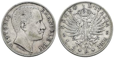 Vittorio Emanuele III, Moneta da 2 lire 1906 'Aquila sabauda', Argento, 10 gr