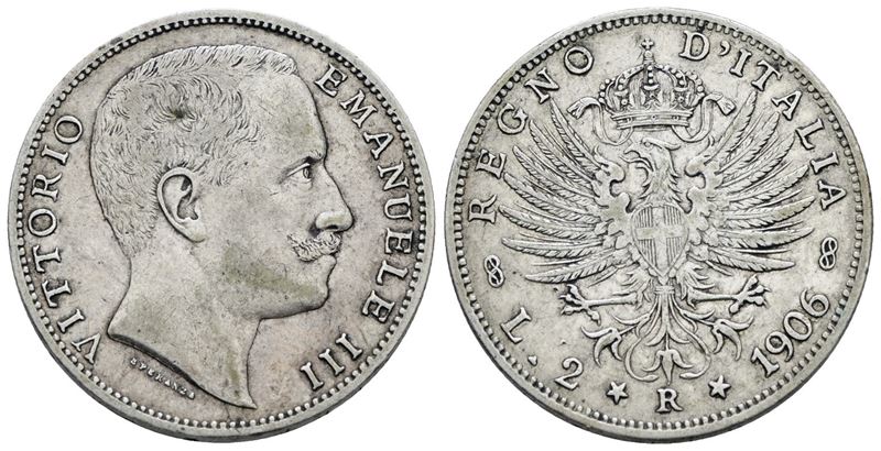 Vittorio Emanuele III, Moneta da 2 lire 1906 'Aquila sabauda', Argento, 10 gr