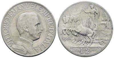 Vittorio Emanuele III, 2 Lire 1908 'Quadriga Veloce', Argento