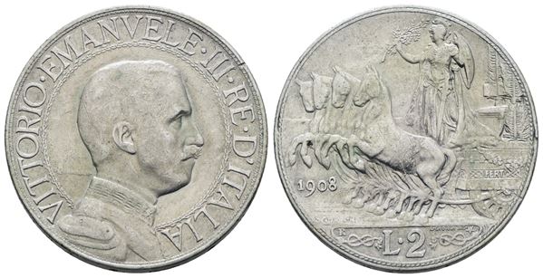 REGNO D'ITALIA. Vittorio Emanuele III (1900-1943). 2 lire 1908 "Quadriga veloce". Ag; 10gr; Gig. 96; BB