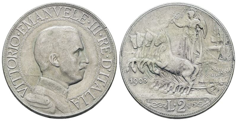 Vittorio Emanuele III, 2 Lire 1908 'Quadriga Veloce', Argento