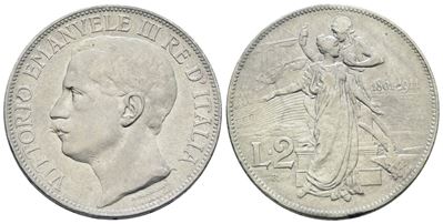 Vittorio Emanuele III, 2 lire 1911 'Cinquantenario' in argento
