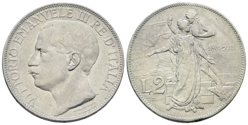 Vittorio Emanuele III, 2 lire 1911 'Cinquantenario' in argento